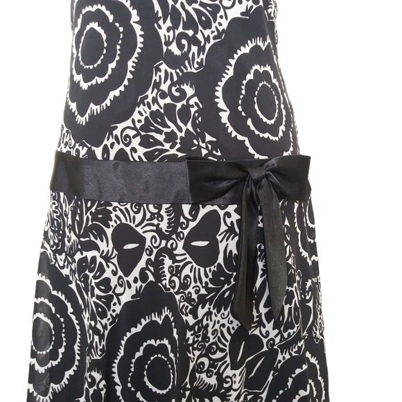 Bice Black White Floral Print Chiffon Dress Size 14 Dropped Waist Satin Sash Bow - Picture 3 of 5